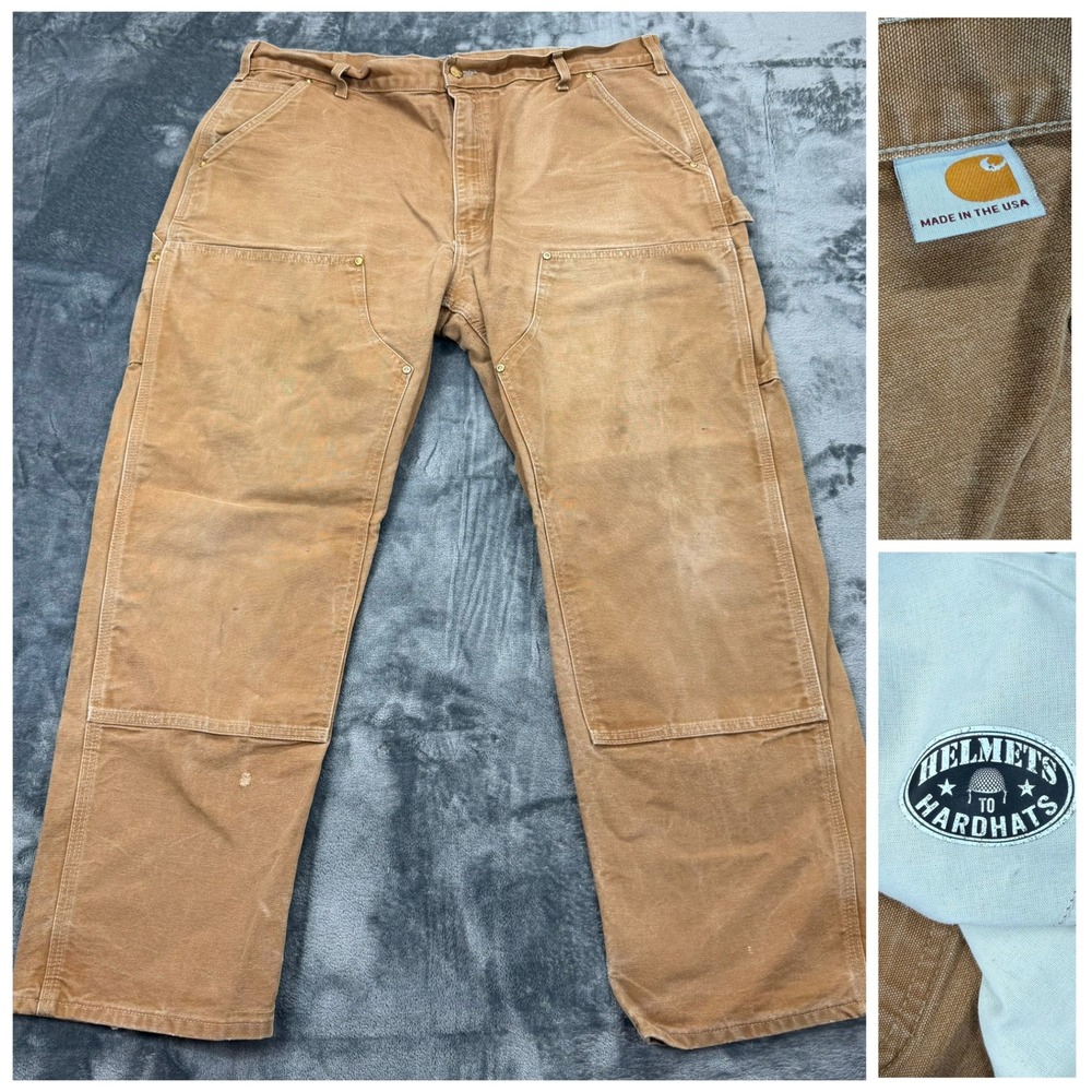 Carhartt USA Union Made Double Knee Pants Fade Distress Brown‎ Canvas Mens 40x30